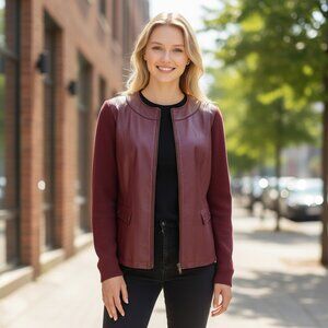 LINEA by Louis Dell'Olio SZ 12 Women's Leather & Knit Jacket in Burgundy Red